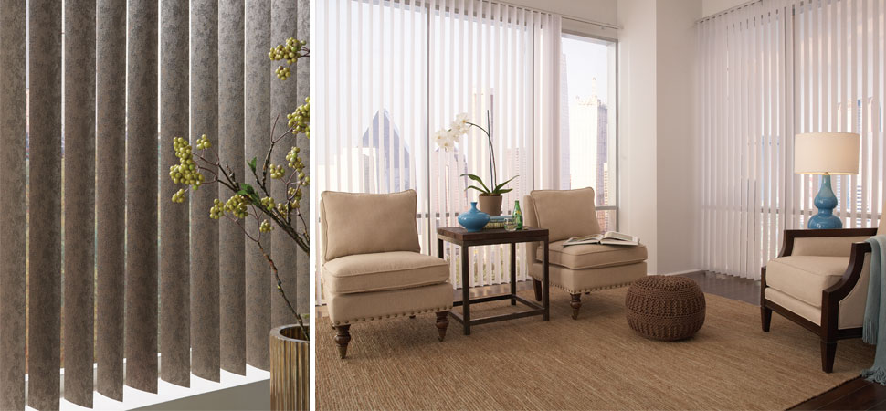 custom vertical blinds Lafayette interior Fashions Discoveries white patterned Vertical Blinds living room