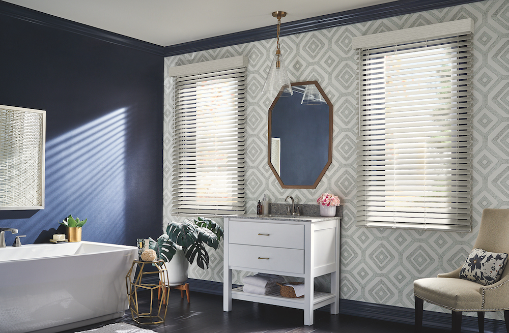 A bathroom designed with Premium Faux Wood Blinds with Cordless Lift/Wand Tilt