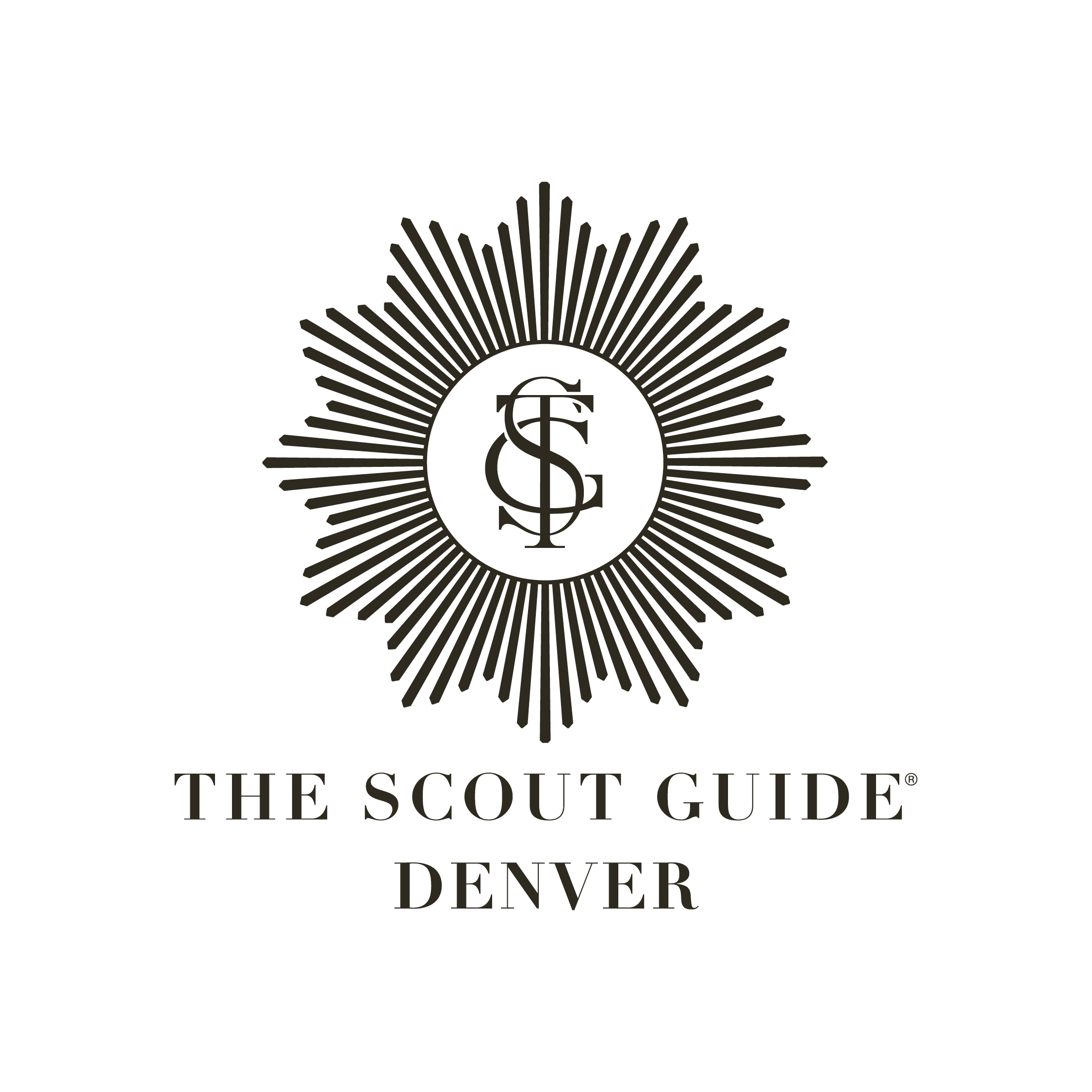 Logo of "the scout guide denver" featuring a stylized sunburst design centered around the initials "tsg" in a monogram style.