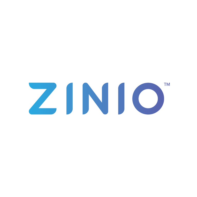 Logo of zinio, featuring the word "zinio" in blue uppercase letters with a trademark symbol on a white background.