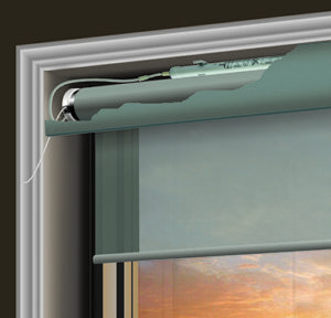 A cutaway illustration of a roller shade in a window frame, showing the internal mechanism and partial view of a sunset through the glass.