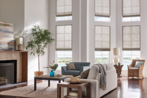 A modern, sunlit living room features large windows with light-colored blinds, a sofa, an armchair, a coffee table, and decorative plants. A fireplace and a scenic view are visible.