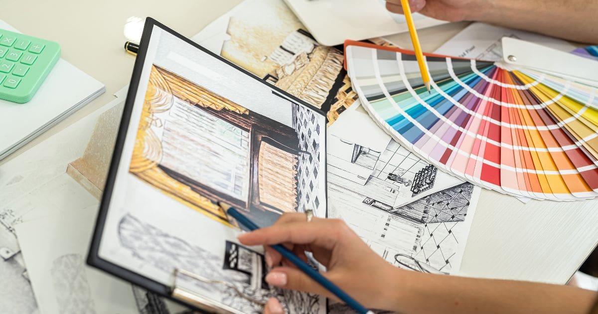 ai-window-treatment-design-mockup.jpg Two people review architectural sketches and color swatches at a desk, using pencils and a color palette for interior design planning.